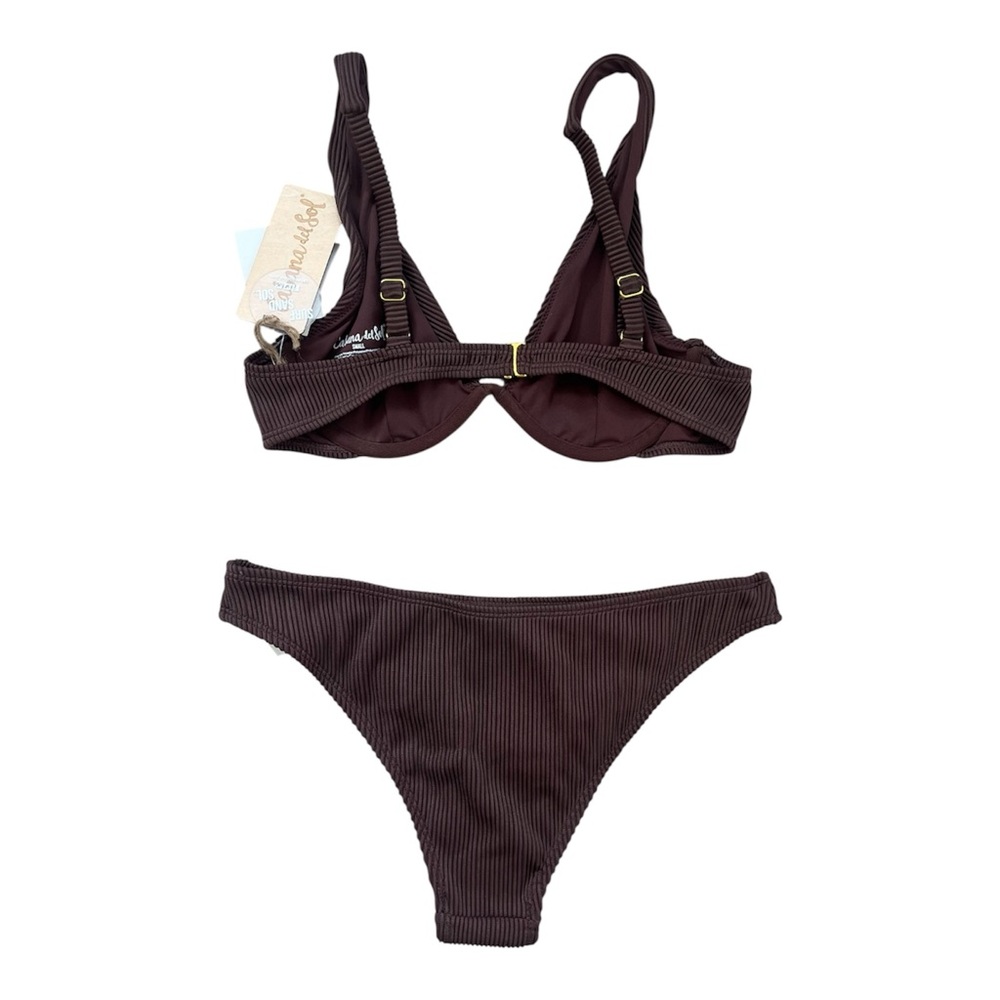 Cabana del Sol Chocolate Brown Ribbed Bikini Set with Gold Hardware - Picture 2 of 4